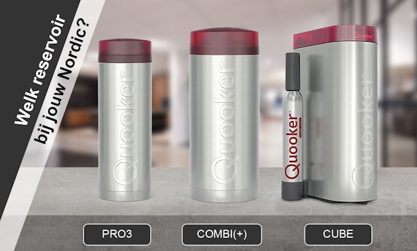 Quooker reservoirs voor de Nordic Single Tap en Twintaps: PRO3 (compact, 3L kokend), COMBI(+) (kokend én warm water) en CUBE met CO2-cilinder voor gekoeld en bruisend water.