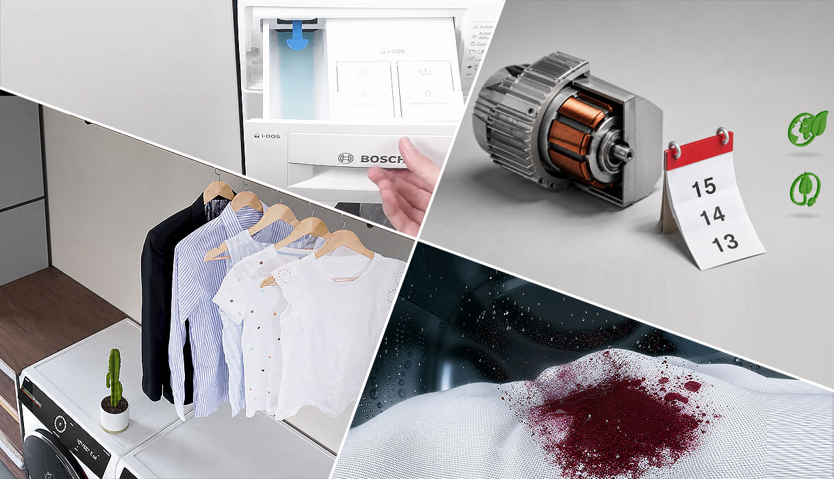 Collage van Bosch 10 kg-wasmachine met i-DOS, EcoSilence Drive motor en AntiVlek tegen vlekken