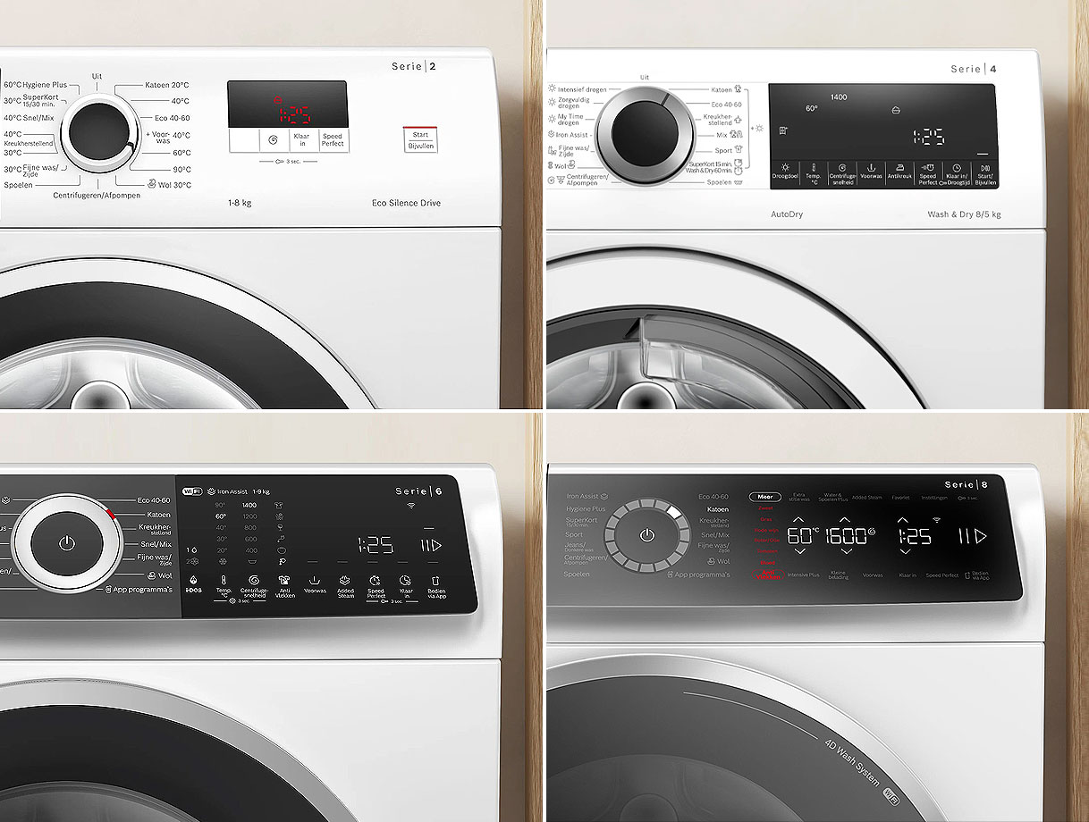 Collage van vier Bosch wasmachine series 2, 4, 6 en 8 naast elkaar vergeleken