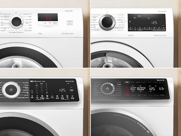 Collage van vier Bosch wasmachine series 2, 4, 6 en 8 naast elkaar vergeleken