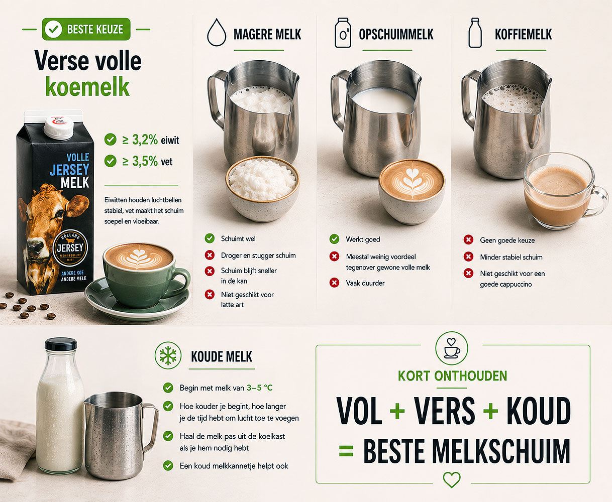 Infographic vergelijkt volle melk magere melk opschuimmelk en koffiemelk voor het opschuimen