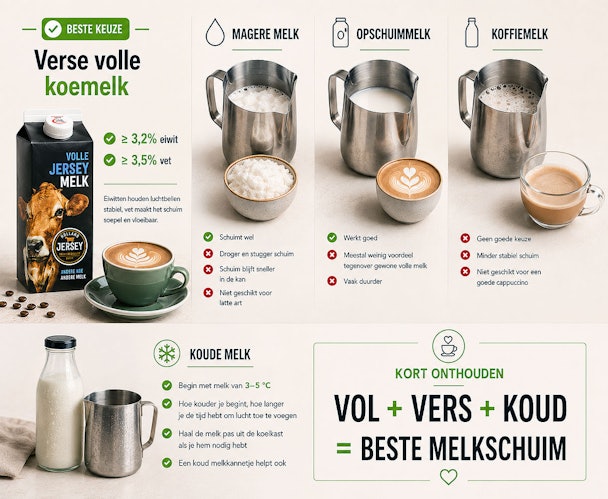 Infographic vergelijkt volle melk magere melk opschuimmelk en koffiemelk voor het opschuimen