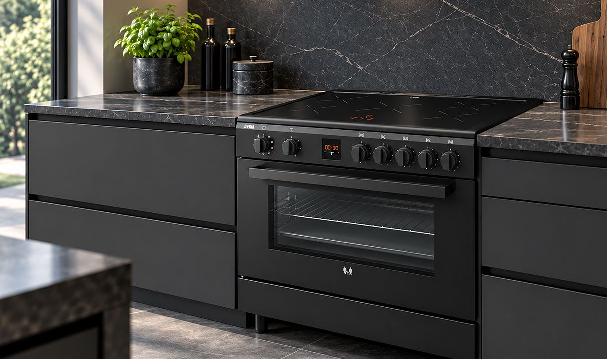 Vrijstaand inductiefornuis met inductiekookplaat en elektrische oven
