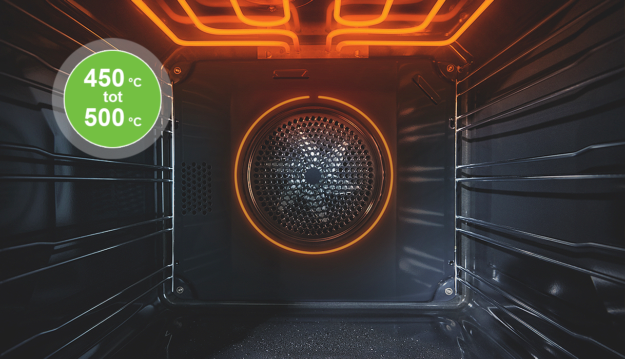 Oveninterieur met gloeielementen tijdens pyrolyse op hoge temperatuur