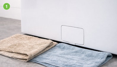 Twee handdoeken op de vloer voor een wasmachine om gemorst water op te vangen