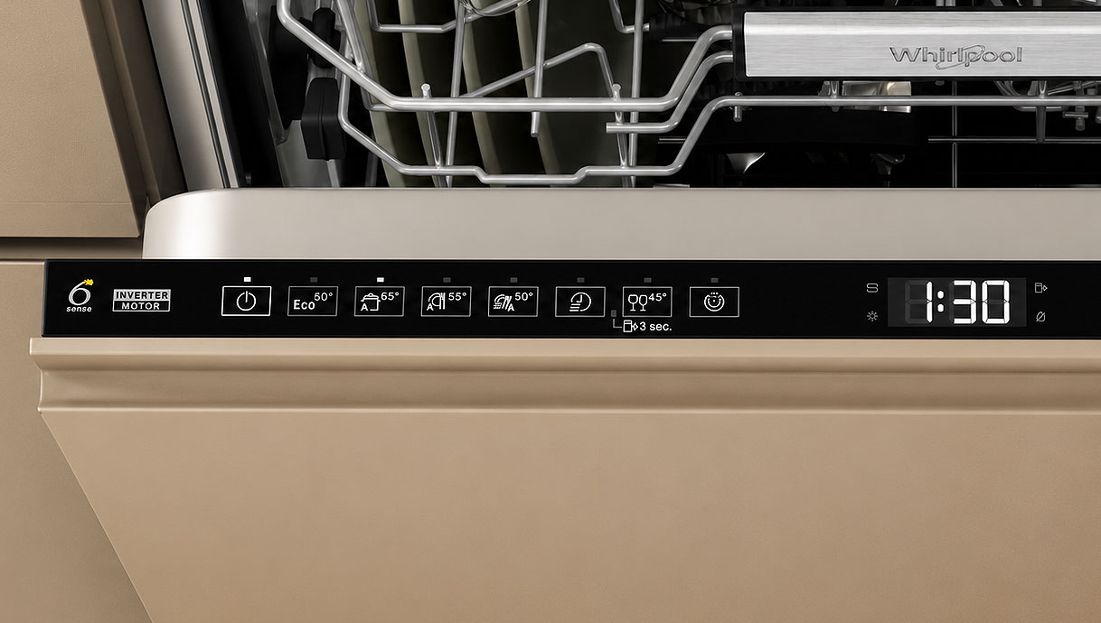 Bedieningspaneel van een Whirlpool vaatwasser met 6th Sense sensortechniek en eco-programma