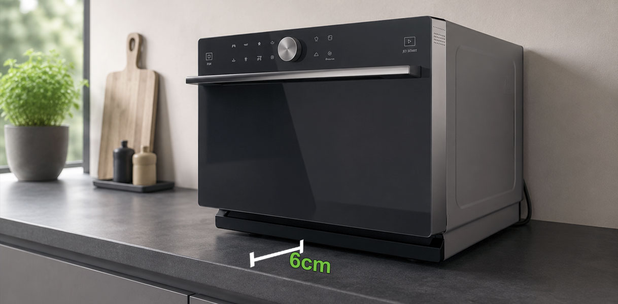 Magnetron op een werkblad met een maatlijn die de overgebleven ruimte ervoor aangeeft