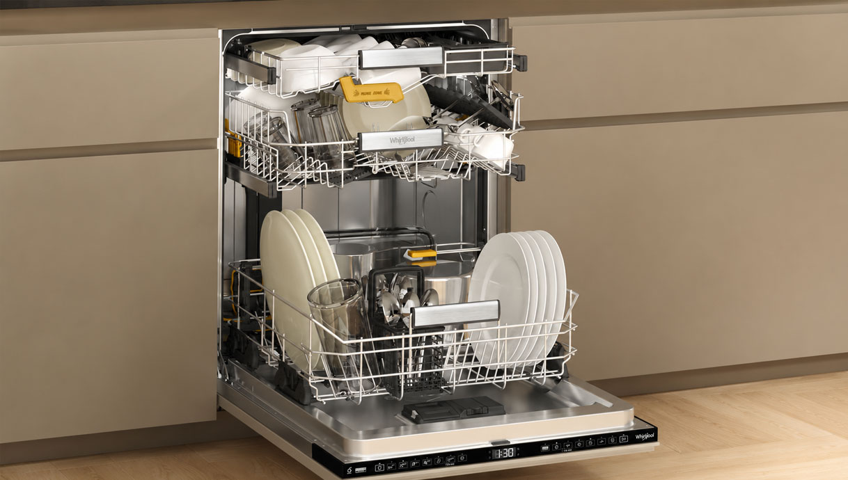 Ruime Whirlpool vaatwasser met MaxiSpace kuip en SpaceClean rek vol borden