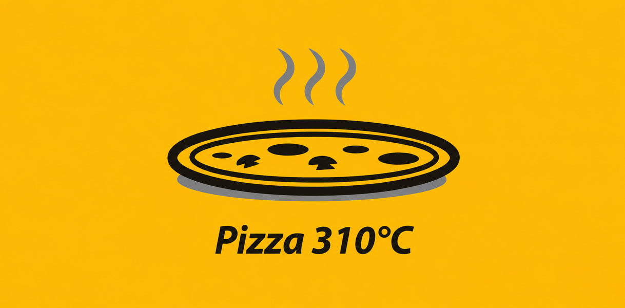 Pictogram van dampende pizza op 310 graden gebakken met de High Heat Pizza ovenfunctie