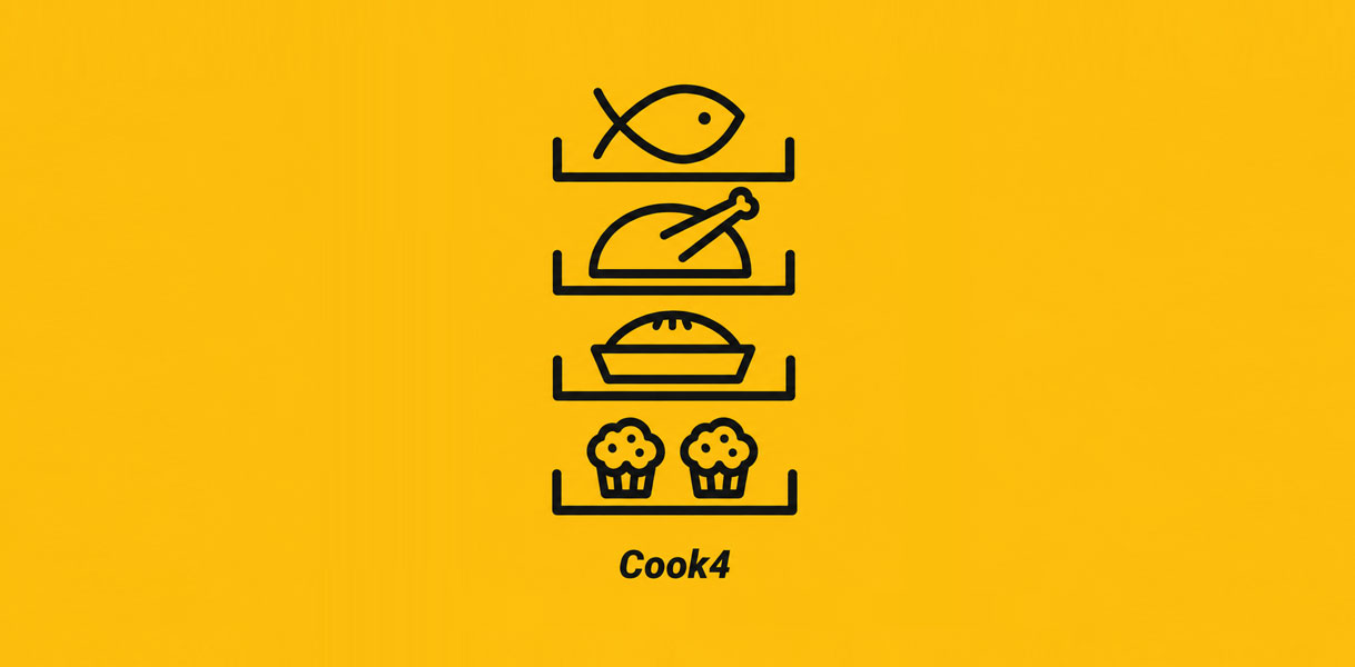 Pictogrammen van vier gerechten op vier niveaus tegelijk bereid met Cook4 oventechnologie