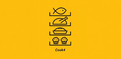 Pictogrammen van vier gerechten op vier niveaus tegelijk bereid met Cook4 oventechnologie