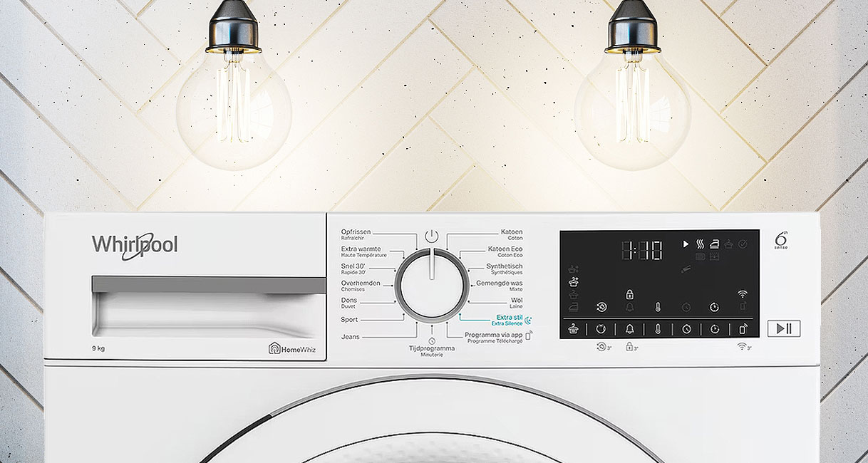 Whirlpool wasdroger bedieningspaneel met 6th SENSE technologie en HomeWhiz app bediening