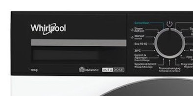 Bedieningspaneel van een Whirlpool wasmachine met programmaknop en display