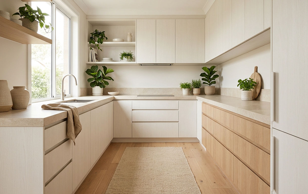 Japandi keuken met warm witte fronten, licht eiken accenten en planten voor een lichte en ruimtelijke uitstraling