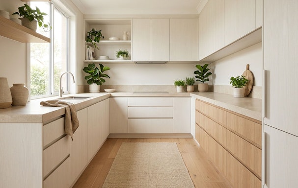 Japandi keuken met warm witte fronten, licht eiken accenten en planten voor een lichte en ruimtelijke uitstraling