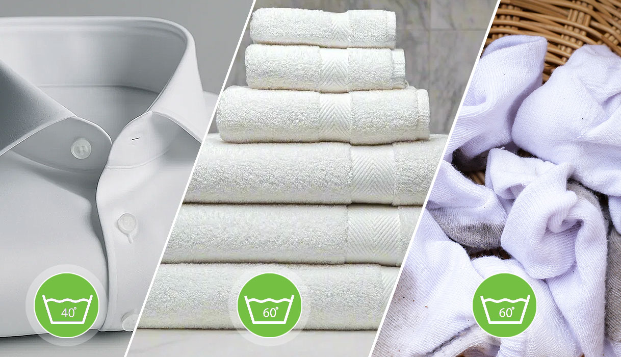 Wastemperatuur witte was: wit overhemd op 40 graden, handdoeken op 60 graden, ondergoed en sokken op 60 graden