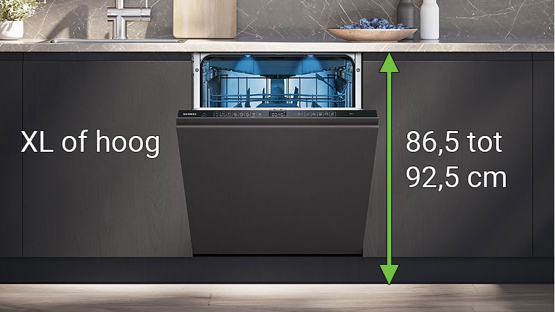XL vaatwasser 86,5-92,5 cm hoog met blauwe binnenverlichting en extra capaciteit