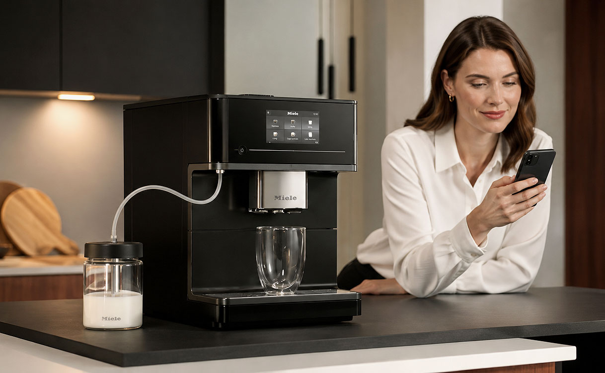 Vrouw neemt contact op met de servicedienst voor hulp bij een Miele koffiemachine