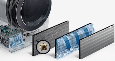 3D doorsnede LG droger met zelfreinigende condensor die automatisch wordt gespoeld met condenswater