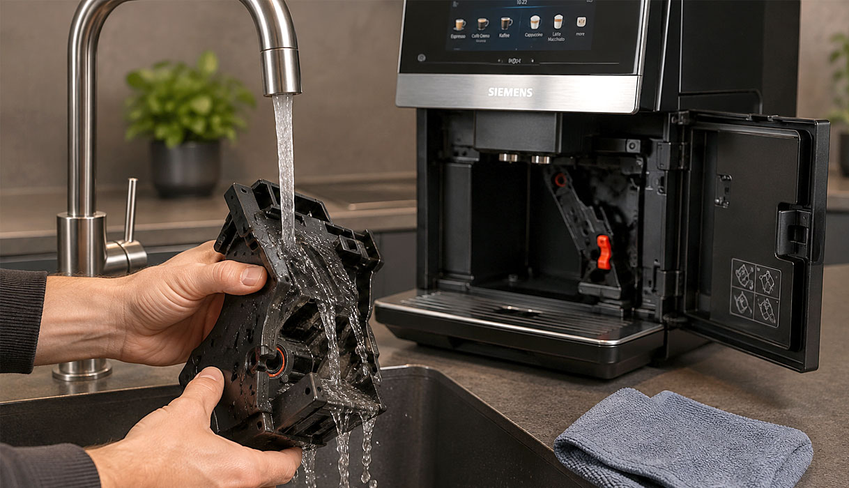 Uitneembare zetgroep van een Siemens koffiemachine afspoelen onder koud stromend water.