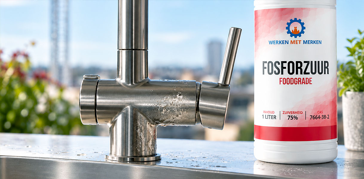 Fles fosforzuur naast een keukenkraan als voorbeeld van een middel dat de afwerking aantast