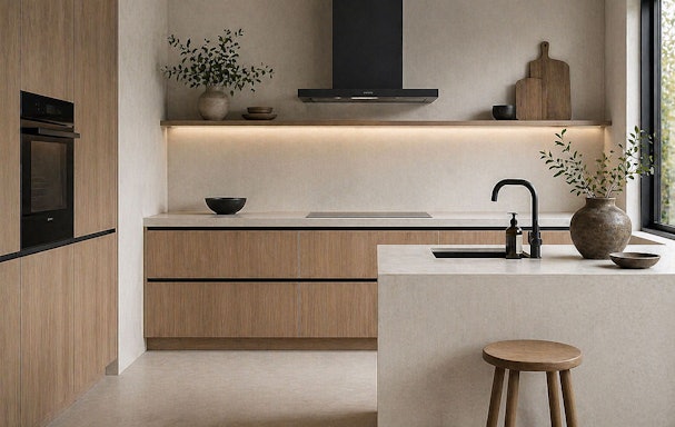 Japandi keuken met lichte fronten, houten accenten en matzwarte kraan en afzuigkap als subtiele contrastdetails