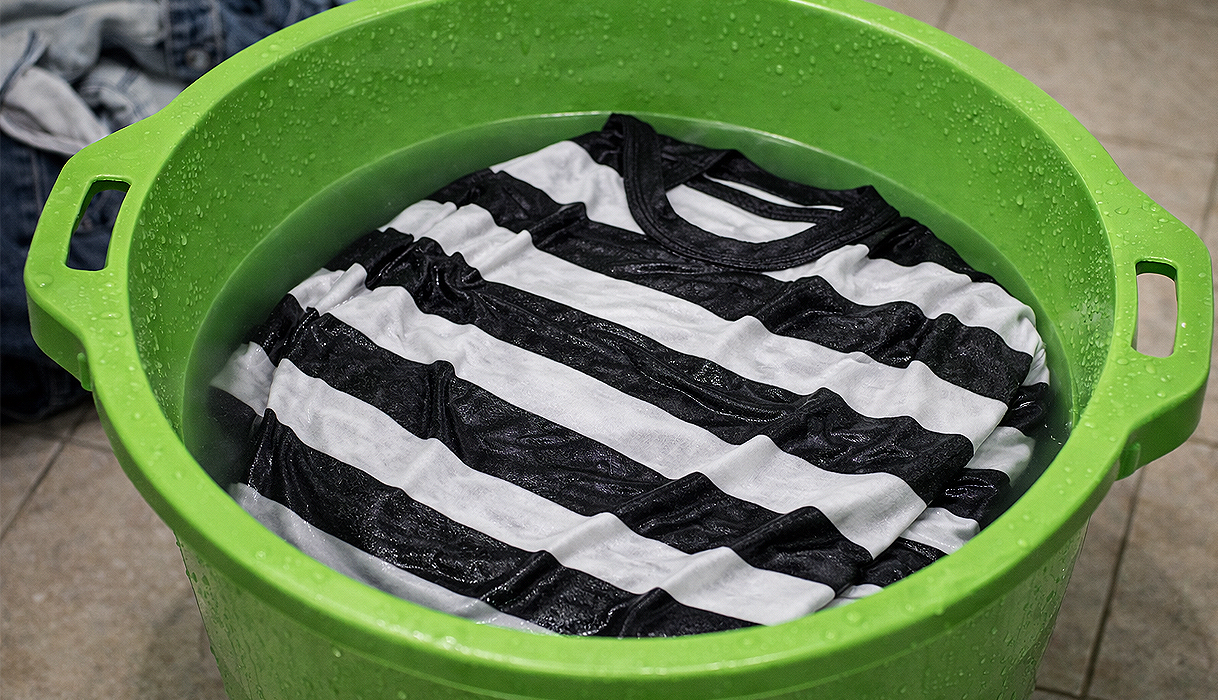 Zwart wit gestreept shirt ligt in een wasmand met water om te testen op kleurafgifte