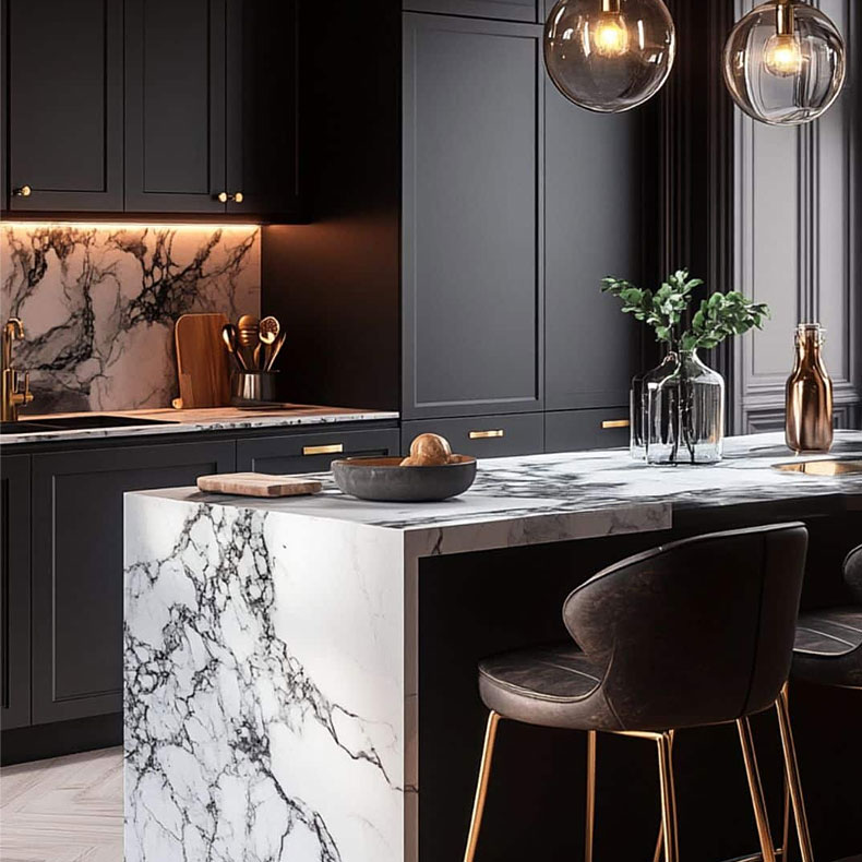 Zwarte keuken met marmerenm barblad