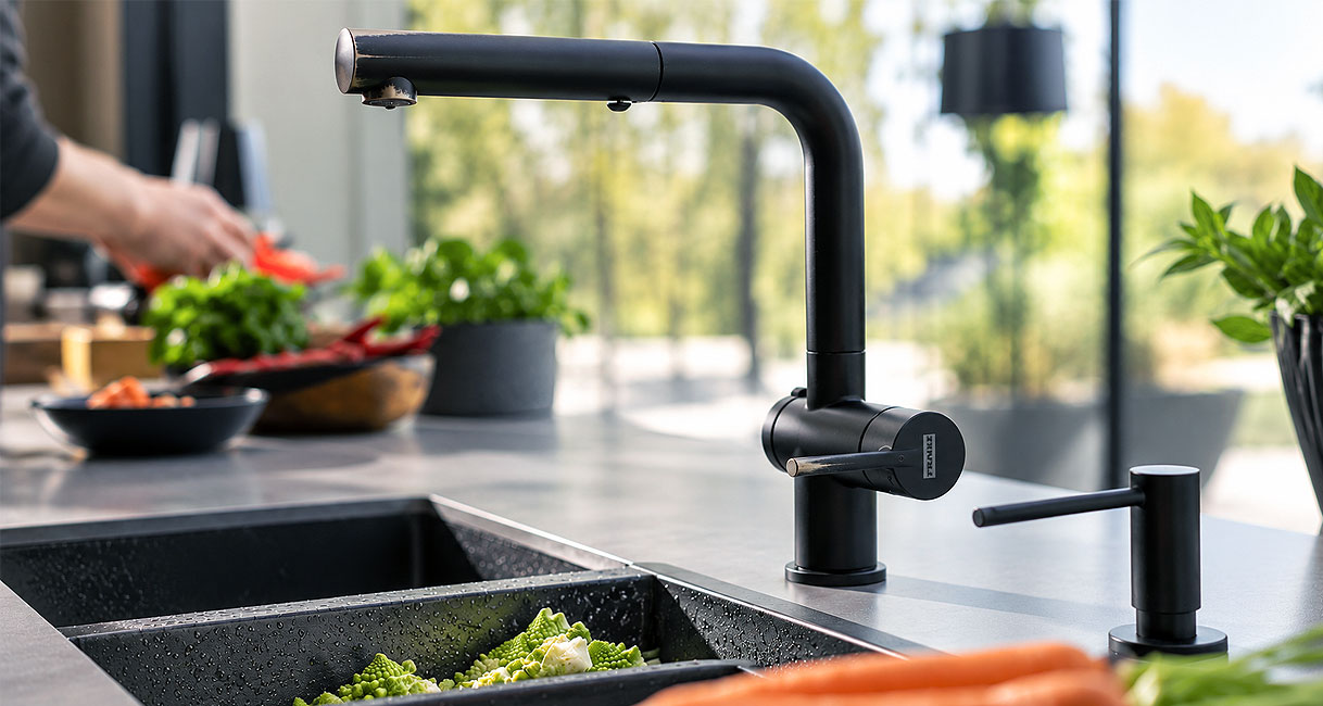 Zwarte keukenkraan met bijpassende zeepdispenser boven zwarte spoelbak met verse groenten