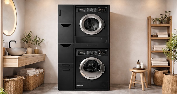 Zwarte waszuil met droger gestapeld op wasmachine in moderne badkamer met houten accessoires