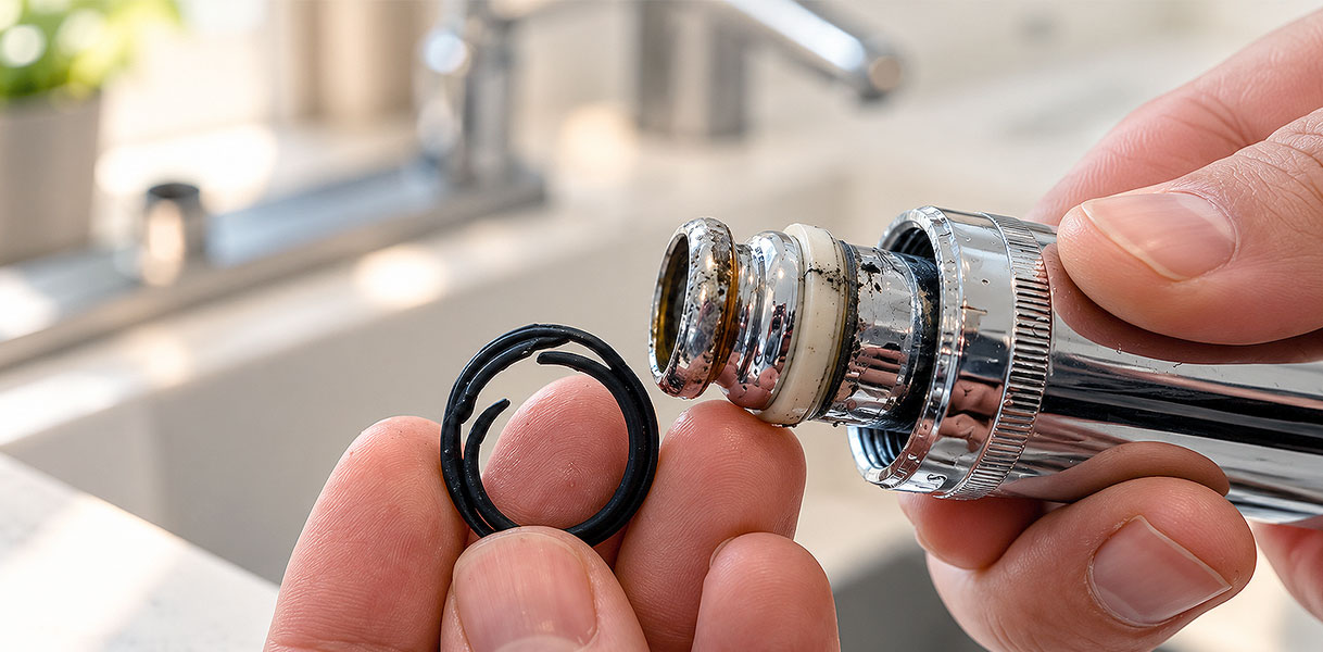 Versleten rubberen ring van het draaipunt naast de losgehaalde zwenkarm van een lekkende keukenkraan